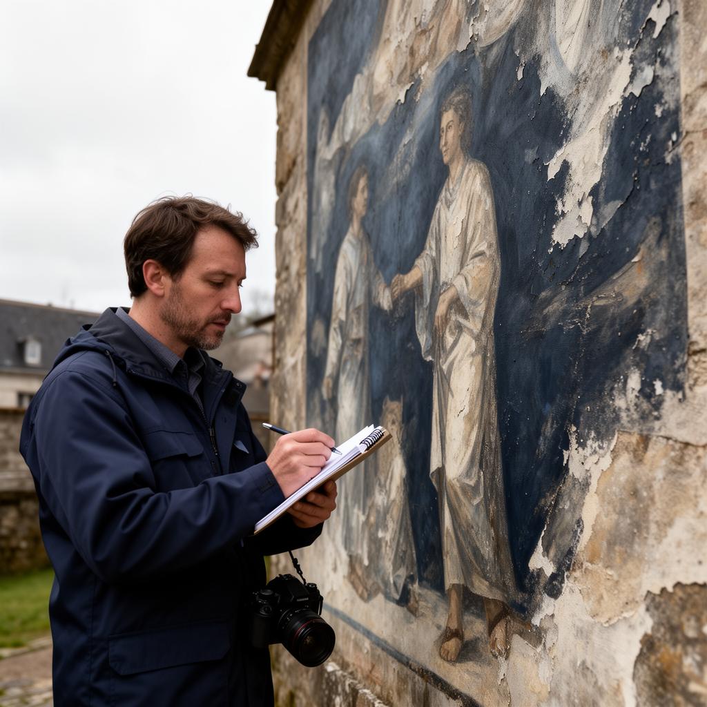Conservator examining a weathered outdoor mural with a notebook and camera