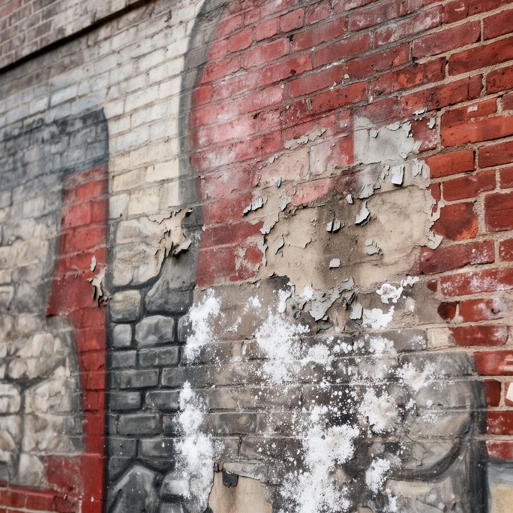 Detail of a faded peeling outdoor mural showing paint failure and efflorescence